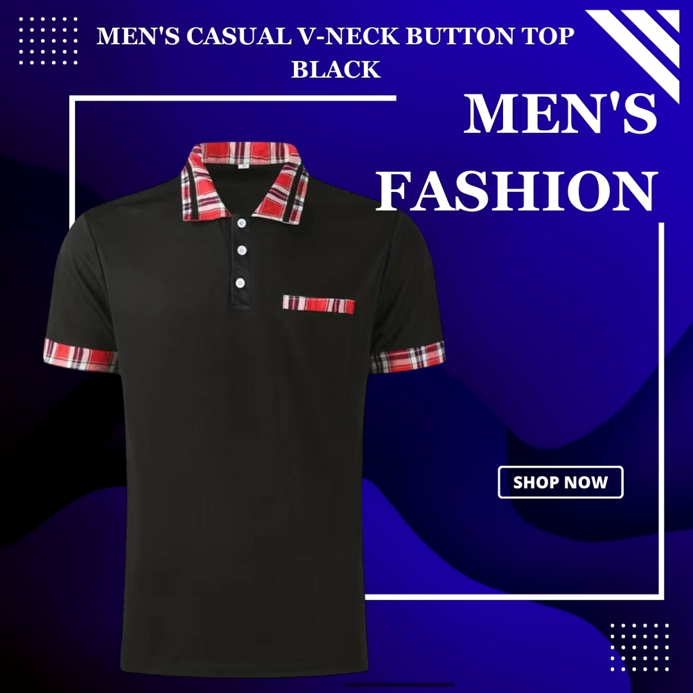 Men's Casual V-Neck Button Top in BLACK